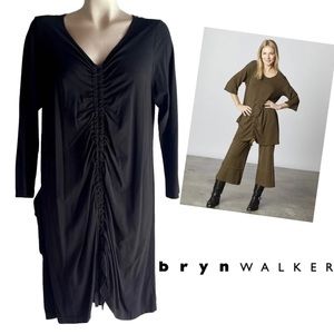 BRYN WALKER BLACK RUCHED JERSEY JOSIE TUNIC STRAIGHT SHIFT DRESS SZ XS